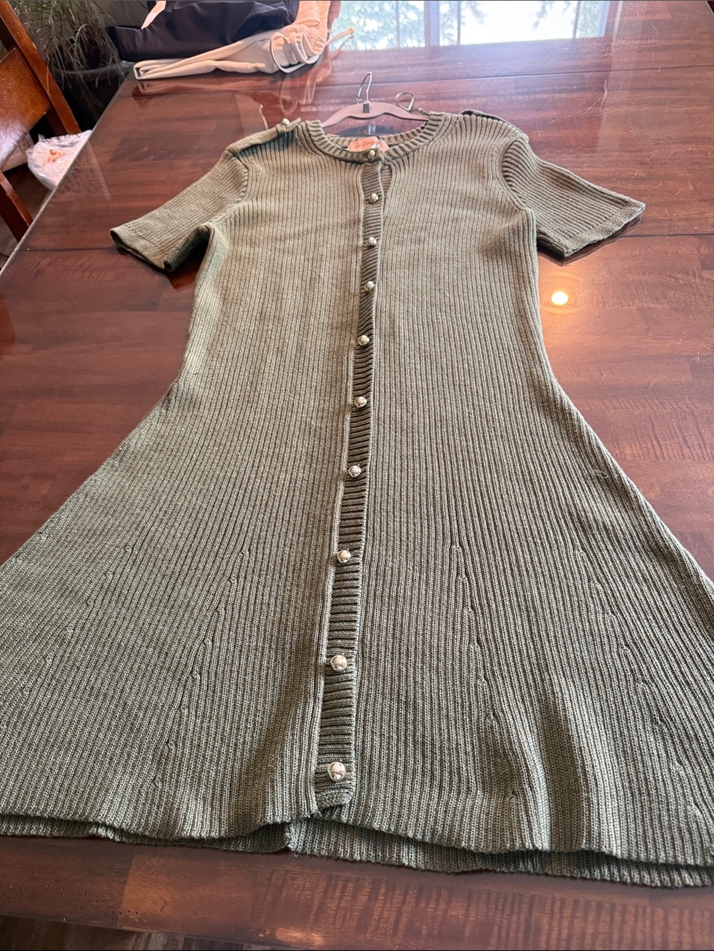 French Connection Olive Green Ribbed Button-Front Midi Dress